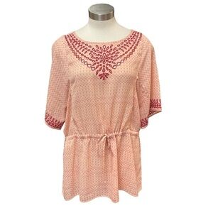 Anthropologie One September Top Tunic Embroidered Eyelet Kimono Sleeve Pink Sz M